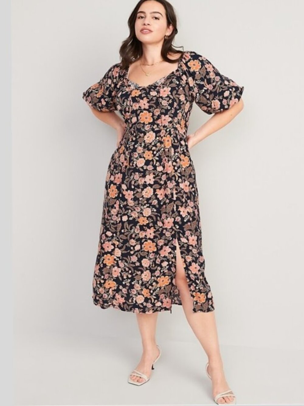 Old Navy Floral Puff Short Sleeve Midi Dress Square Neckline Flower Blue Small